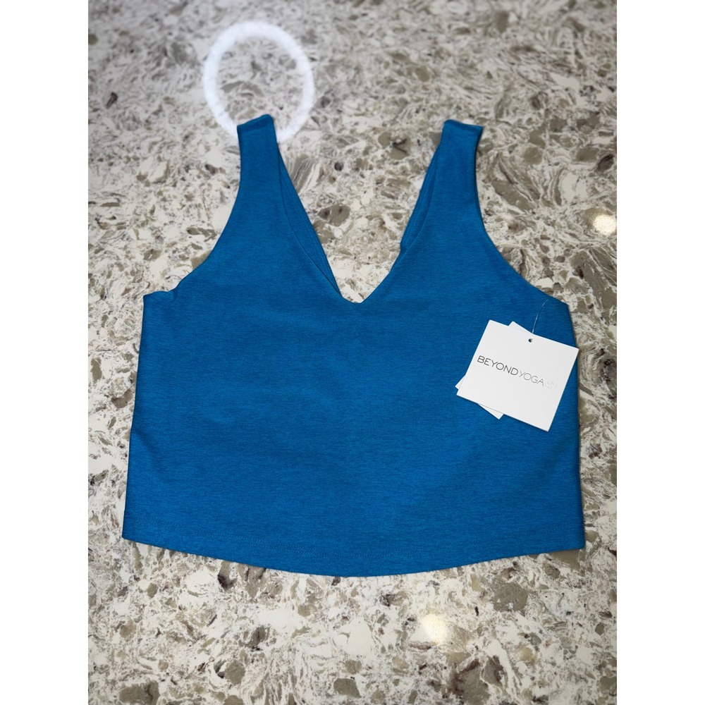 Beyond Yoga Spacedye Focus Cropped Tank blue Heather V-Neck Shelf Bra M 007KK